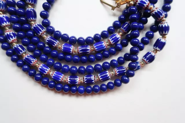 Vintage 3 Strand Cobalt Blue & 6 Layer Chevron Venetian Glass Beaded Necklace