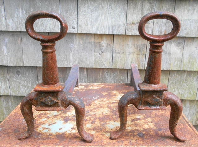 ANTIQUE 19th CENTURY CAST IRON RING TOP ANDIRONS