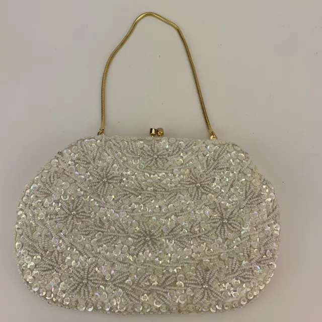 VTG Beaded Sequin Clutch Evening Purse White Snowflake Cocktail Weddings 1960s