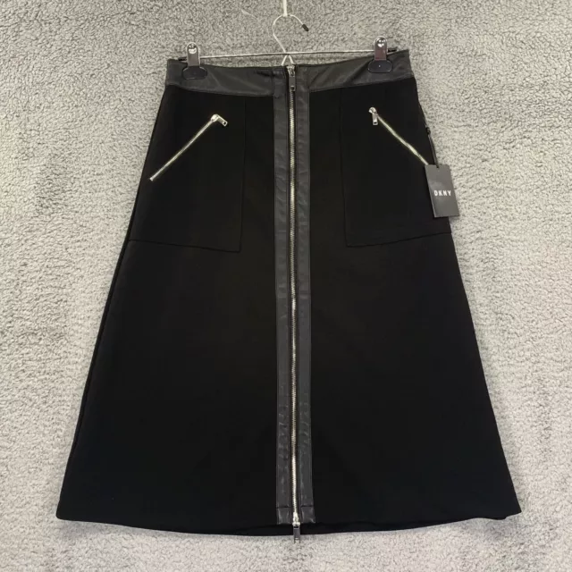 DKNY A-Line Skirt Women 6 Black Front Zip Faux Leather Trim Career Pockets K46