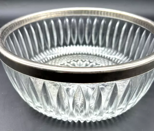 Vintage Cut Glass Crystal Serving Bowl With Silver-plated Rim 9” Wide 4” Tall