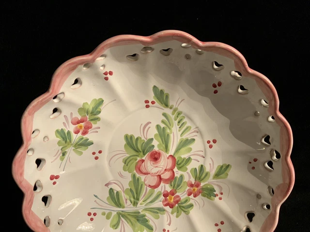 Vintage Italian Majolica 10” Scalloped Edge Bowl/Dishw/Pink Florals Hand Painted 3