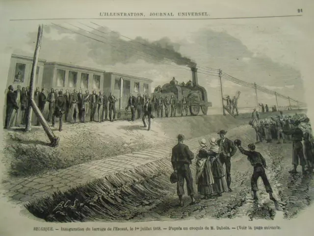 Gravure 1868 - Belgique inauguration du barrage de l'Escaut