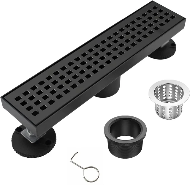Drenaje de piso de ducha lineal rectangular de 12 pulgadas con accesorios, patrón cuadrado