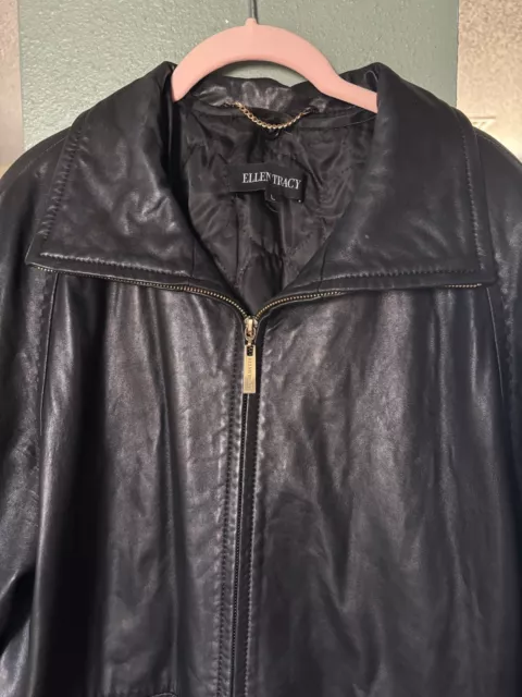 Ellen Tracy Soft Black Leather Coat Sz L  Liner Button/Removable Full Zip VTG 2