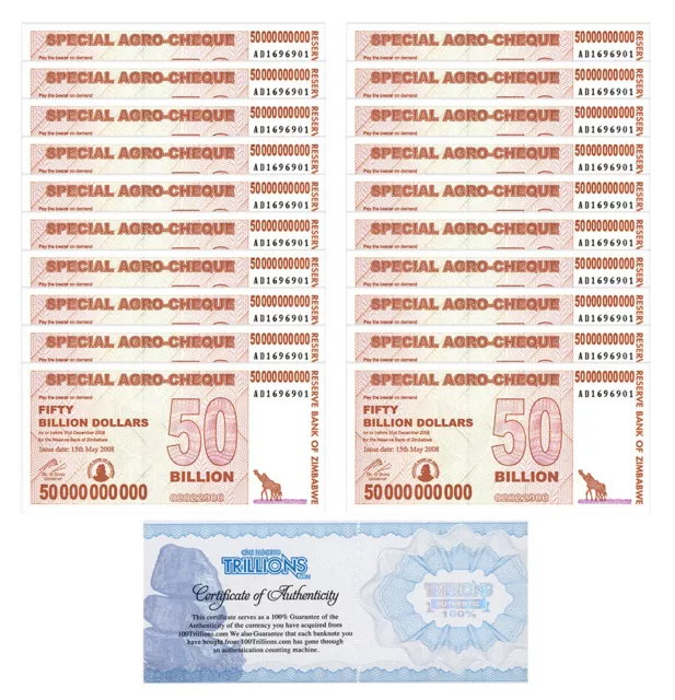 20 Zimbabwe 50 Billion Special Agro Cheque banknote 2008, P-63 USED COA