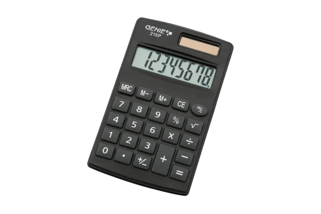 Genie 215 P8 Digit Calculator Dual Power (Solar and Battery) Compact Design Grey