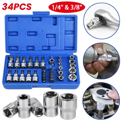 34x Außen Torx Nüsse Steckschlüssel Satz 1/4" 3/8" Innentorx Bits Werkzeug Nuss