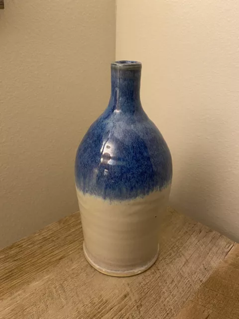 Art Pottery Jug Bottle Vase Stoneware 9.25” Beautiful Two Tone Blue Handmade
