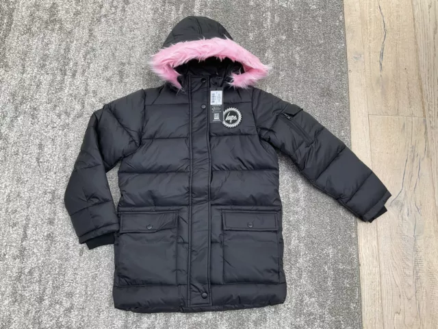 💕 Hype Kids Black Explorer Jacket With Pink Fur Hood - Age 7-8 Years - New 💕