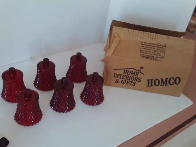 6 VINTAGE HOMCO HOME INTERIOR RUBY RED DIAMOND CUT SMALL PEG VOTIVE CUPS + Box