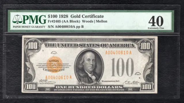 Fr. 2405 1928 $100 One Hundred Dollars Gold Certificate Pmg Extremely Fine-40