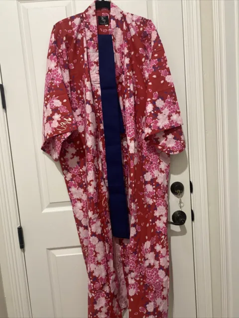 Midori Yukata Kimono Japan 100% Cotton Women's Medium Red Pink Cherry Blossoms