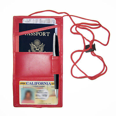 Red Leather Travel Lanyard Passport Air Ticket ID Card Holder Neck Strap