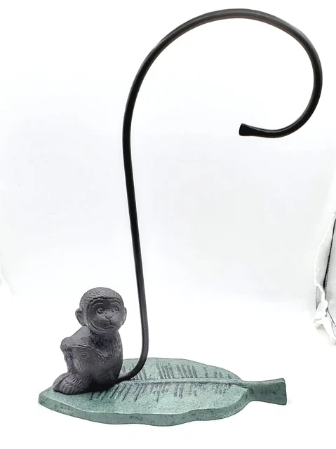Cute Iron Monkey Sitting on Leaf Tail Hanging Hook 13" tall Towel, Banana Holder