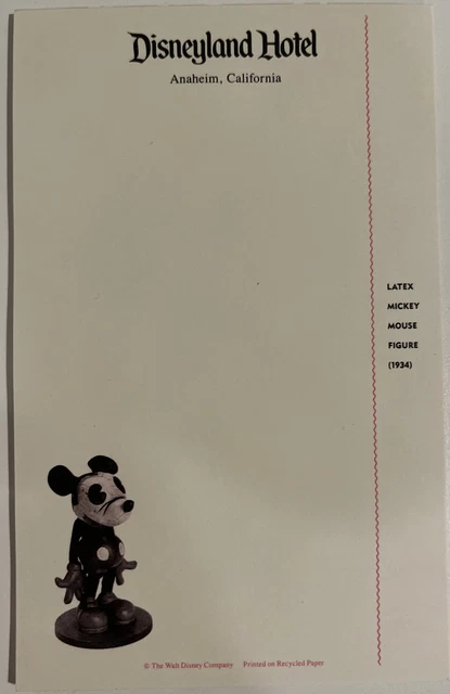 Vintage DISNEYLAND HOTEL Writing Note Pad Mickey Mouse Printed On Recycled Paper