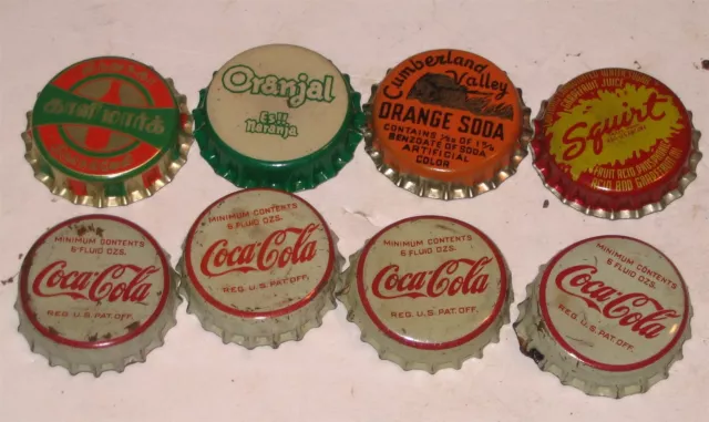 8 Bottle Cap Lot RARE Cumberland Valley 4 Early Coca Cola 2 Foreign & Squirt