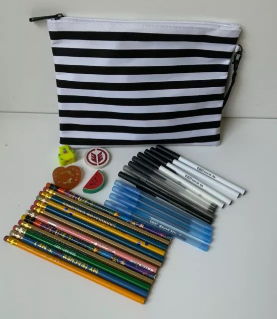 School Supplies 12 pens 12 pencils 4 erasers New pencil striped pouch 