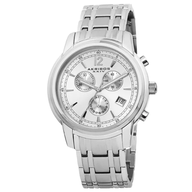 New Men's Akribos XXIV AK692SSW Swiss Chronograph Date White Dial Steel Watch