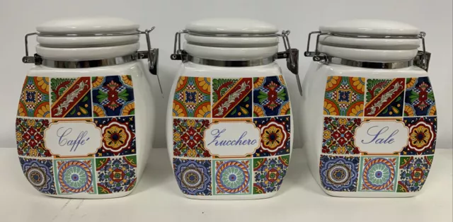 Set Tris Barattoli Cucina in Ceramica Sale Zucchero Caffe' Decoro Sicily