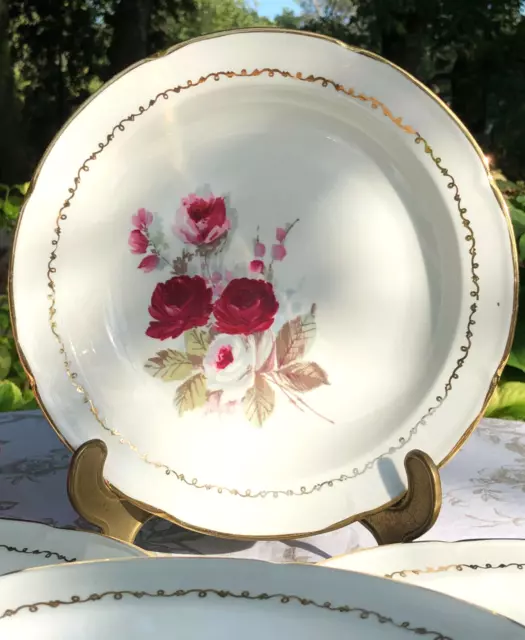 5 assiettes creuses Porcelaine Vierzon Décor Roses Dorures Vintage