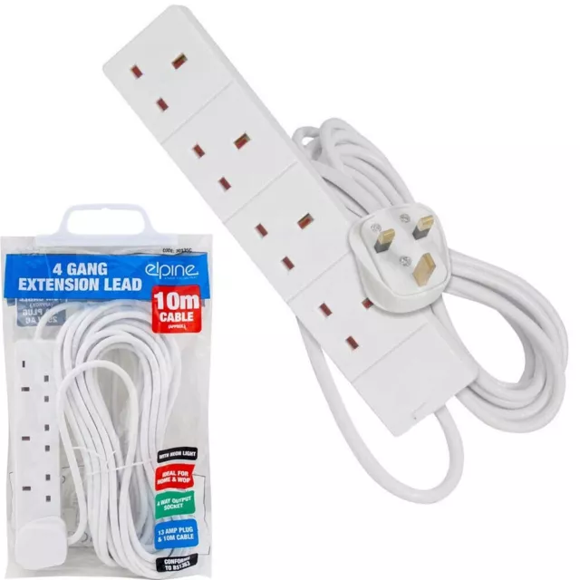 4 Way 4 Gang Extension Lead Uk Main Power 4 Socket 13A Electricity Cord Plug 10M