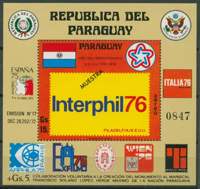 Paraguay 1976 INTERPHIL76 Block 275 Aufdruck "MUESTRA" postfrisch (C80460)