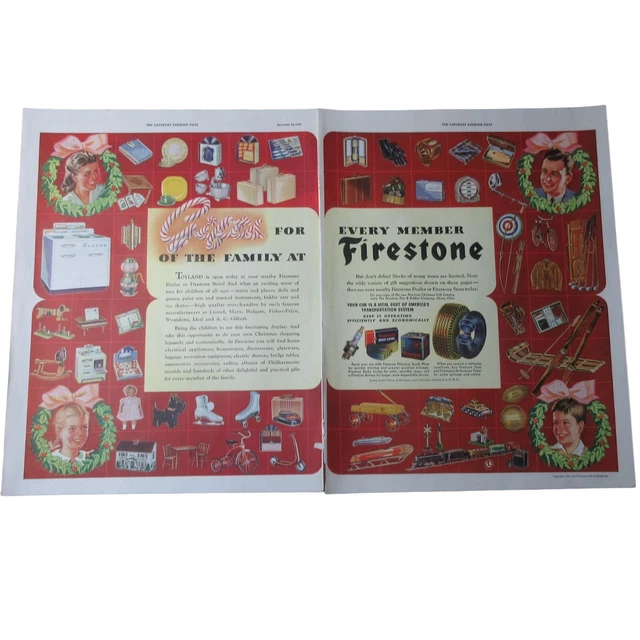 1942 Firestone Tires & Products Double Page Christmas - Vintage Print Ad