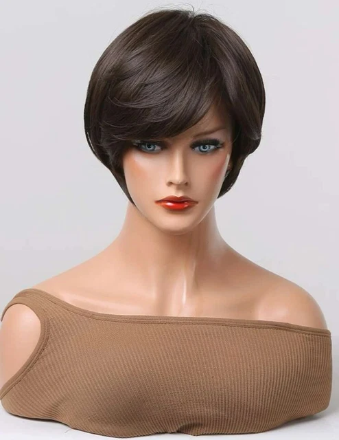 Perruque Synthétique Courte Brune Châtain 35cm - Frange Lisse, Bonnet Monofilament Taille Moyen, +4 Bonnets