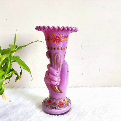 Antique Hand Shape Enameled Pink Glass Flower Vase Japan Decorative Collectible