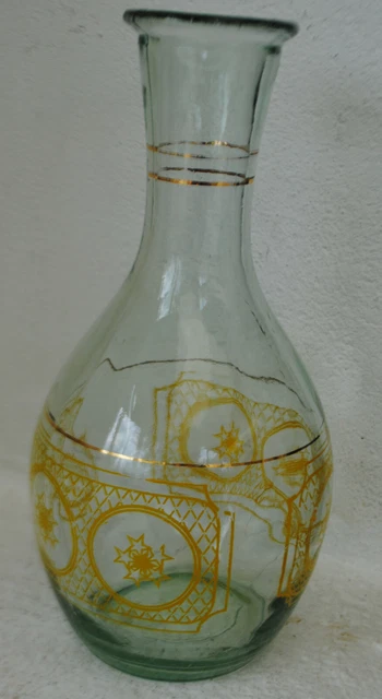 Ancienne  Carafe A Vin A Eau En Verre Decor  Jaune  Liseret Dore
