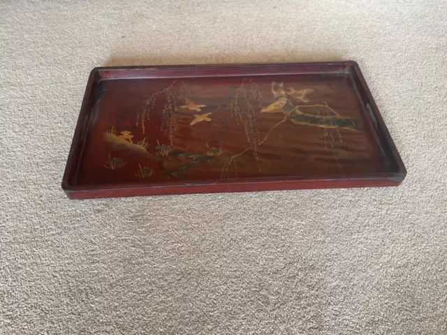 Antique Chinese Chinoiserie Lacquer Papier Mache Tray Birds Weeping Willow Tree 2