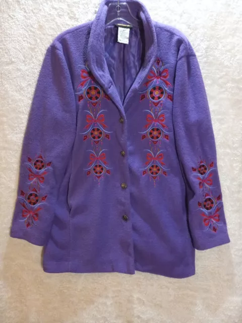 Bob Mackie Jacket Size L Wearable Art Purple Embroidered Fleece Button Up