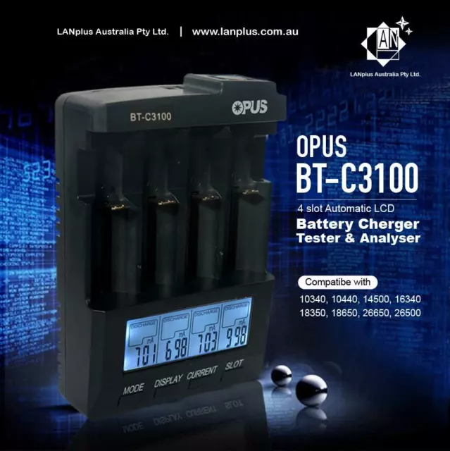 Opus BT-C3100 V2.2 4-Slots Smart Battery Charger Lithium NiMH 26650 16340 14500