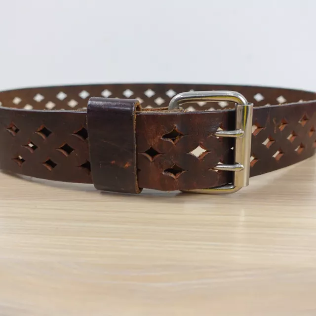 Belt Mens Brown Leather Size 30 Laser Cut Double Prong Metal Buckle Full Grain