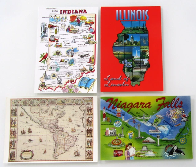 4 X POSTCARD America USA World Map Map Illinois, Indiana, Niagara Falls ...