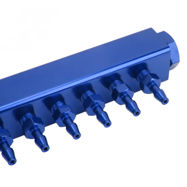 (Blue)6 Port Vacuum Block Intake Manifold Kit 1/8in NPT Connector 1/2in NPT