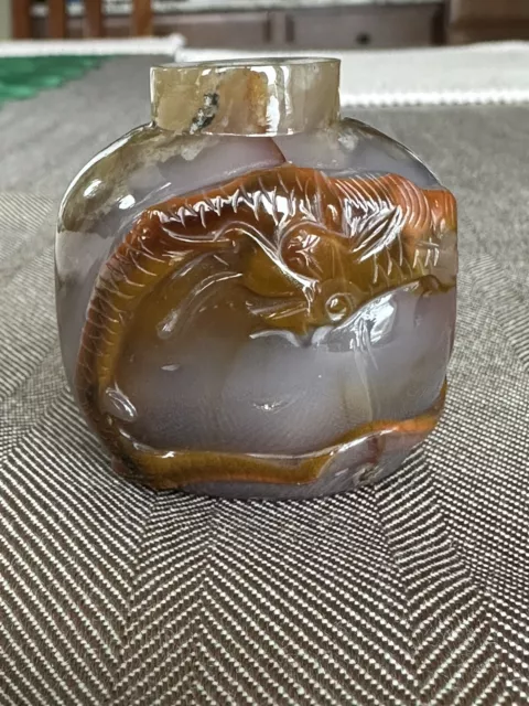 Antique Chinese Agate Snuff Bottle Suzhou School Carved Dragon Qing Dynasty