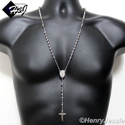 26+5"MEN Stainless Steel 6mm Silver Beads Virgin Mary Cross Rosary Necklace*RN11