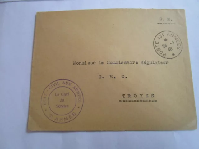 lettre SM etat civil aux armées le chef de service 3eme armée 24/1/40