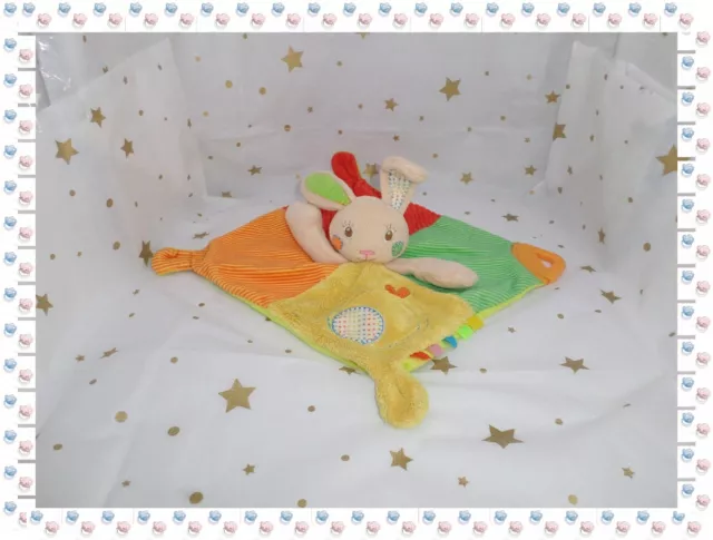 ⑭ - Doudou Semi Plat Carré Lapin Beige Vert Orange Rayé Anneau Dentition Auchan