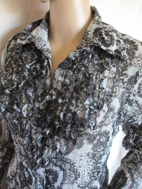 Studio 1940 top S Lace Print Floral Black Long bell sleeve Sheer Ruffle blouse 3