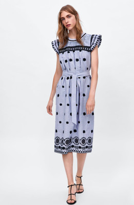 NWT ZARA Woman Striped Dress with embroidery Blue Sz.S ($69.90)