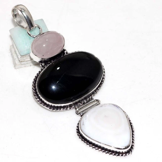 Schwarzer Onyx Rose Quarz 925 Versilbert Edelstein Anhänger 3.1 " Super Gift GW