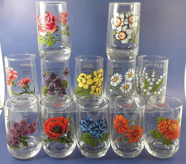 Vintage 70s Brockway Flower Of The Month Collection Full Glass Set Of 12