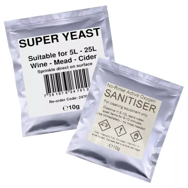 Super Wine Yeast and No-Rinse Steriliser Pack for Homebrew Wine, Cider and Mead