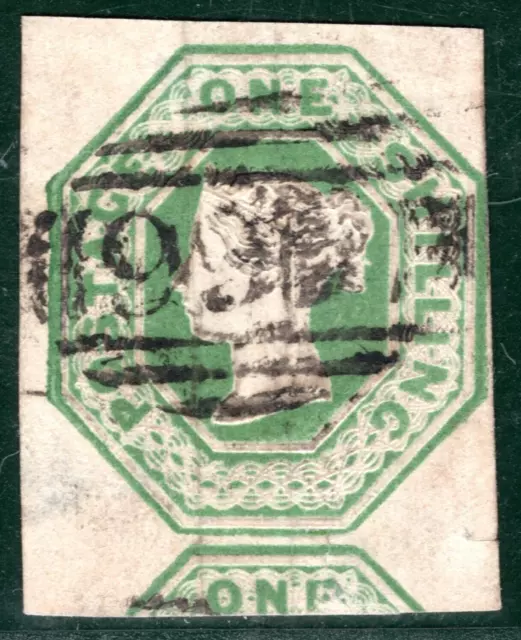 Francobollo GB QV IN RILIEVO SG.55 1s verde (1847) usato gatto £1.000 {samwells}ORED36
