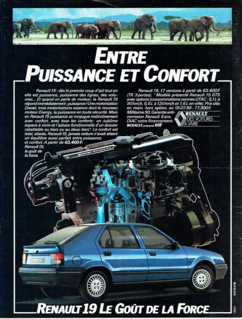 publicité Advertising  0123 1989  Renault 19  R19 le gout de la force  éléphant