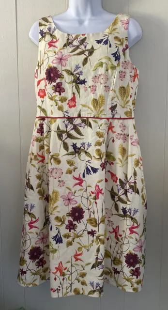 Lands End Petite Cream ALine Botanical Floral Dress Sleeveless Pockets Sz 12P