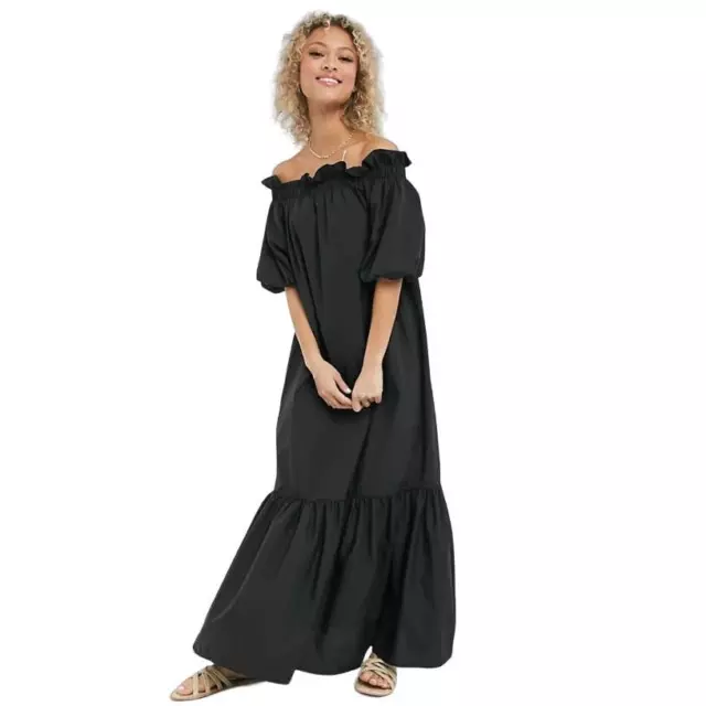 Asos Black Poplin Off Shoulder Ruffle Puff Sleeve Maxi Dress Size 4